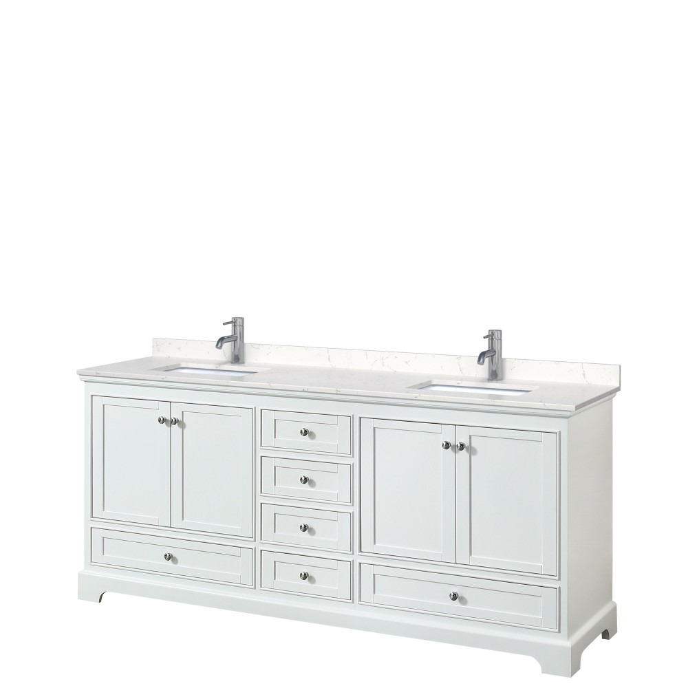 80 Inch Double Bathroom Vanity in White, Light-Vein Carrara Cultured Marble Countertop, Sinks, No Mirrors