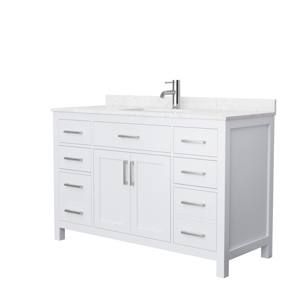 54 Inch Single Bathroom Vanity in White, Carrara Cultured Marble Countertop, Sink, No Mirror