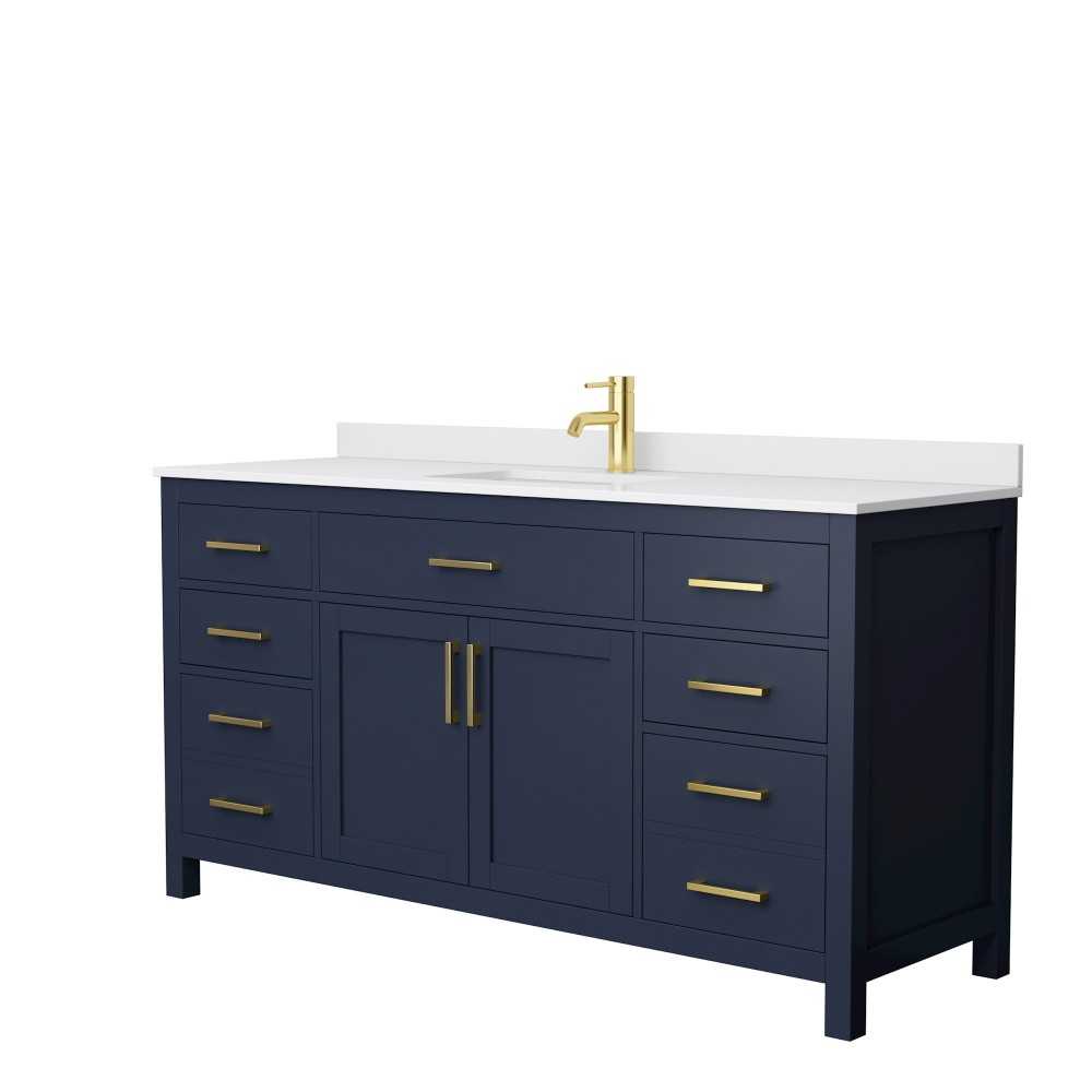 66 Inch Single Bathroom Vanity in Dark Blue, White Cultured Marble Countertop, Sink, No Mirror