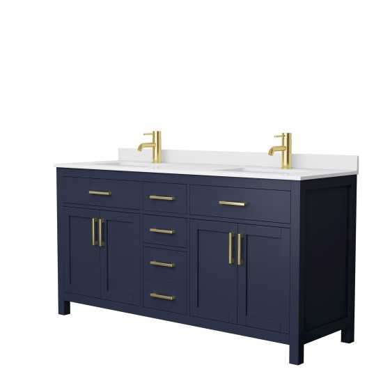 66 Inch Double Bathroom Vanity in Dark Blue, White Cultured Marble Countertop, Sinks, No Mirror