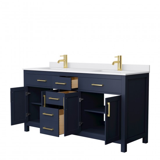 66 Inch Double Bathroom Vanity in Dark Blue, White Cultured Marble Countertop, Sinks, No Mirror