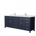 84 Inch Double Bathroom Vanity in Dark Blue, White Cultured Marble Countertop, Sinks, No Mirror