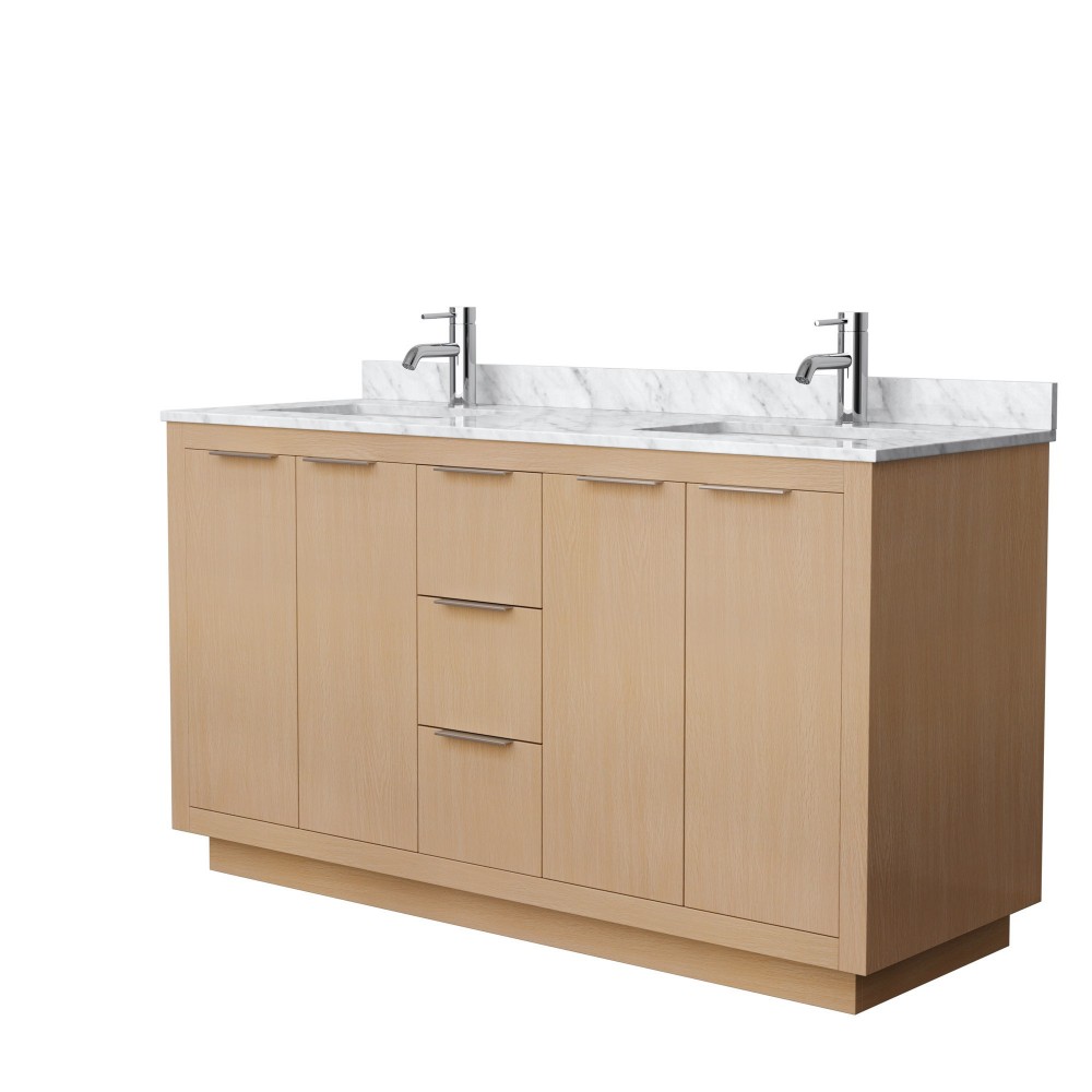 60 Inch Double Bathroom Vanity in Light Straw, White Carrara Marble Countertop, Sinks