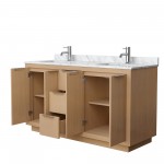 60 Inch Double Bathroom Vanity in Light Straw, White Carrara Marble Countertop, Sinks