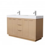 60 Inch Double Bathroom Vanity in Light Straw, 4 Inch Thick White Solid Surface Countertop, Sinks