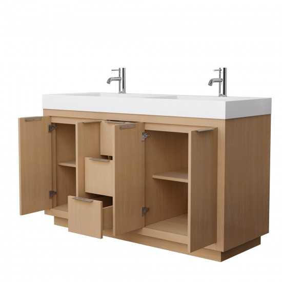 60 Inch Double Bathroom Vanity in Light Straw, 4 Inch Thick White Solid Surface Countertop, Sinks