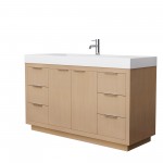 60 Inch Single Bathroom Vanity in Light Straw, 4 Inch Thick White Solid Surface Countertop, Sink