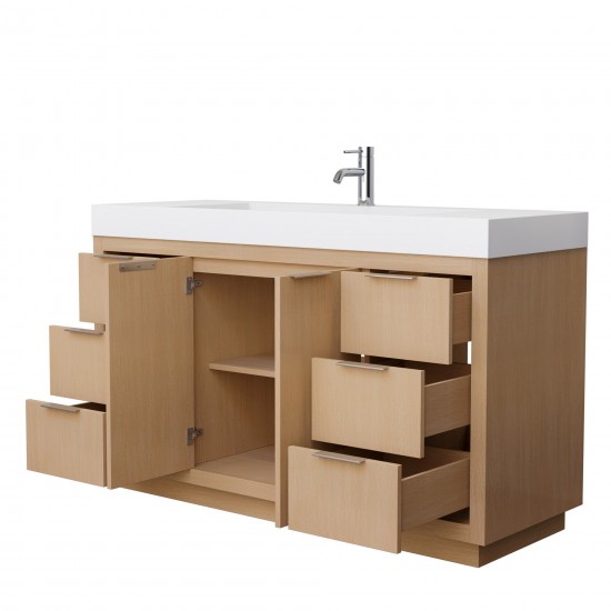 60 Inch Single Bathroom Vanity in Light Straw, 4 Inch Thick White Solid Surface Countertop, Sink