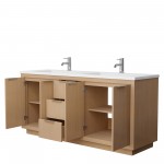 72 Inch Double Bathroom Vanity in Light Straw, 1.25 Inch Thick White Solid Surface Countertop, Sinks