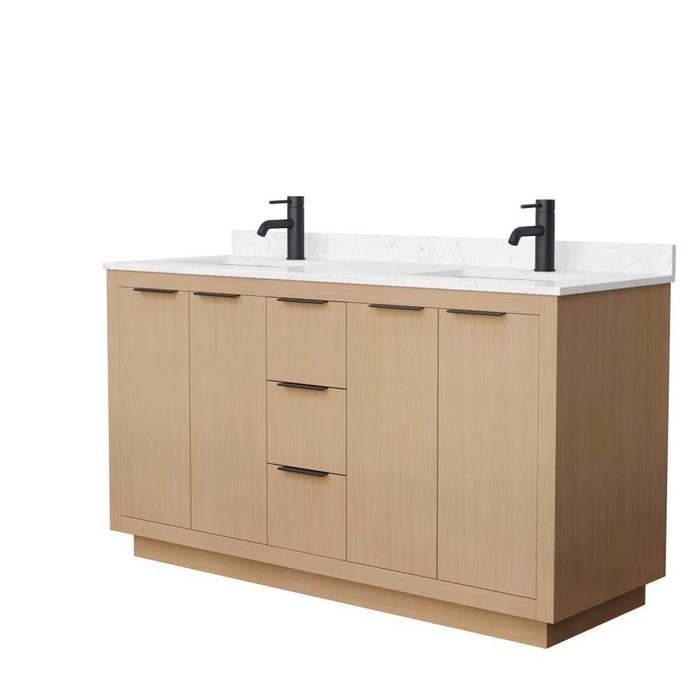 60 Inch Double Bathroom Vanity in Light Straw, Light-Vein Carrara Cultured Marble Countertop, Sinks, Black Trim