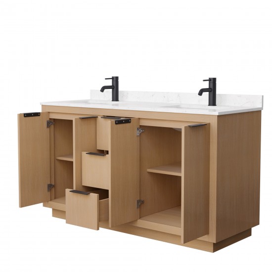 60 Inch Double Bathroom Vanity in Light Straw, Light-Vein Carrara Cultured Marble Countertop, Sinks, Black Trim