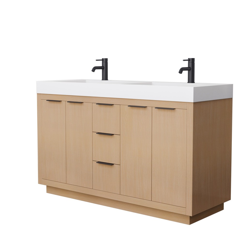 60 Inch Double Bathroom Vanity in Light Straw, 4 Inch Thick White Solid Surface Countertop, Sinks, Black Trim