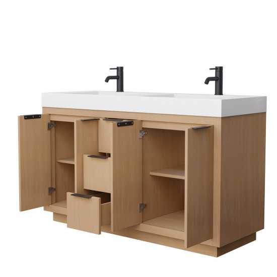 60 Inch Double Bathroom Vanity in Light Straw, 4 Inch Thick White Solid Surface Countertop, Sinks, Black Trim