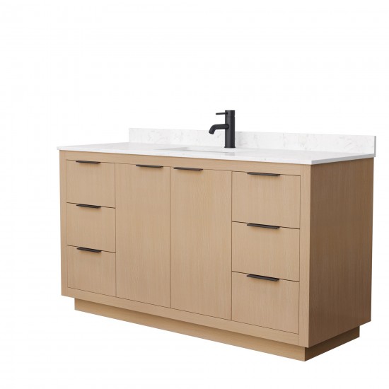 60 Inch Single Bathroom Vanity in Light Straw, Light-Vein Carrara Cultured Marble Countertop, Sink, Black Trim