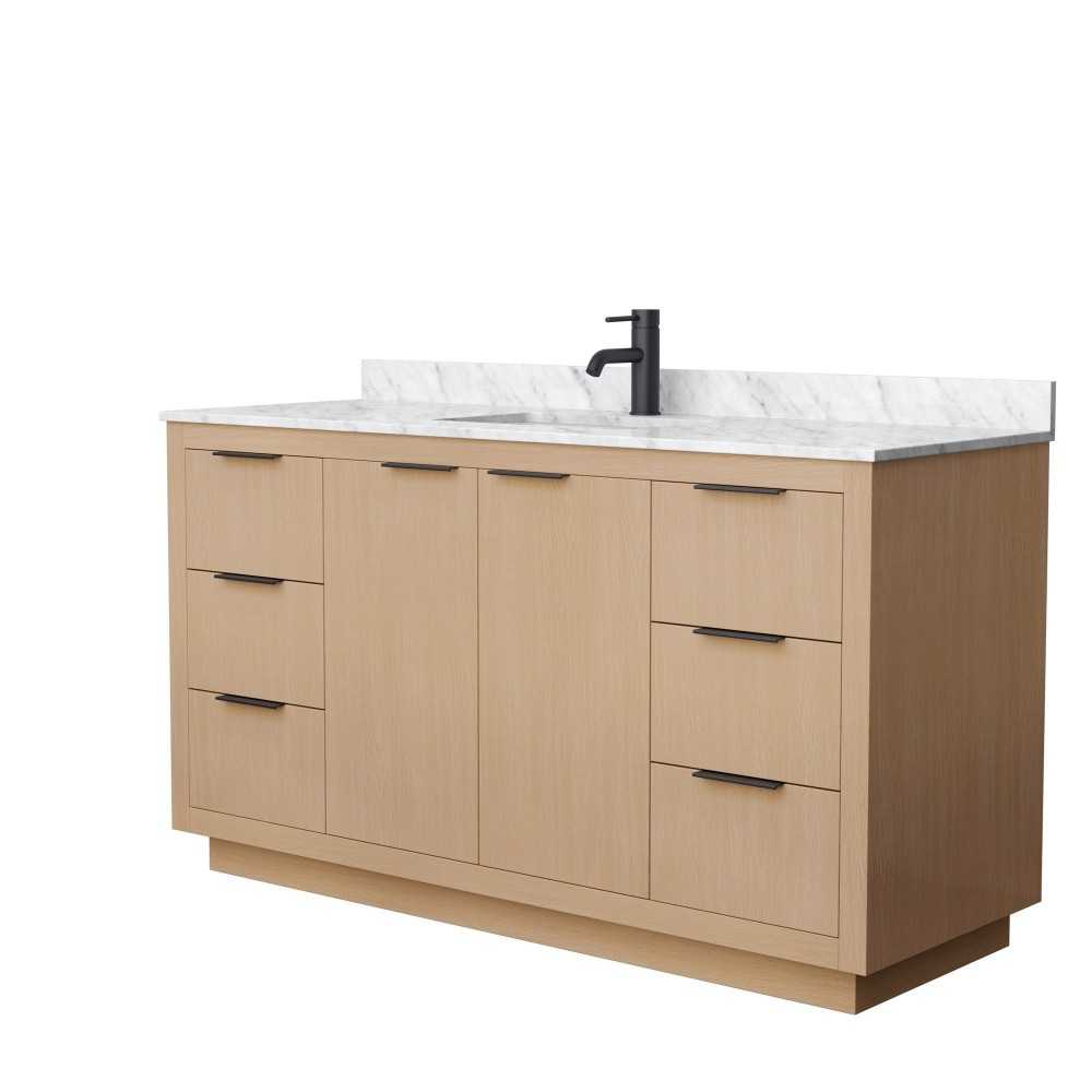 60 Inch Single Bathroom Vanity in Light Straw, White Carrara Marble Countertop, Sink, Black Trim