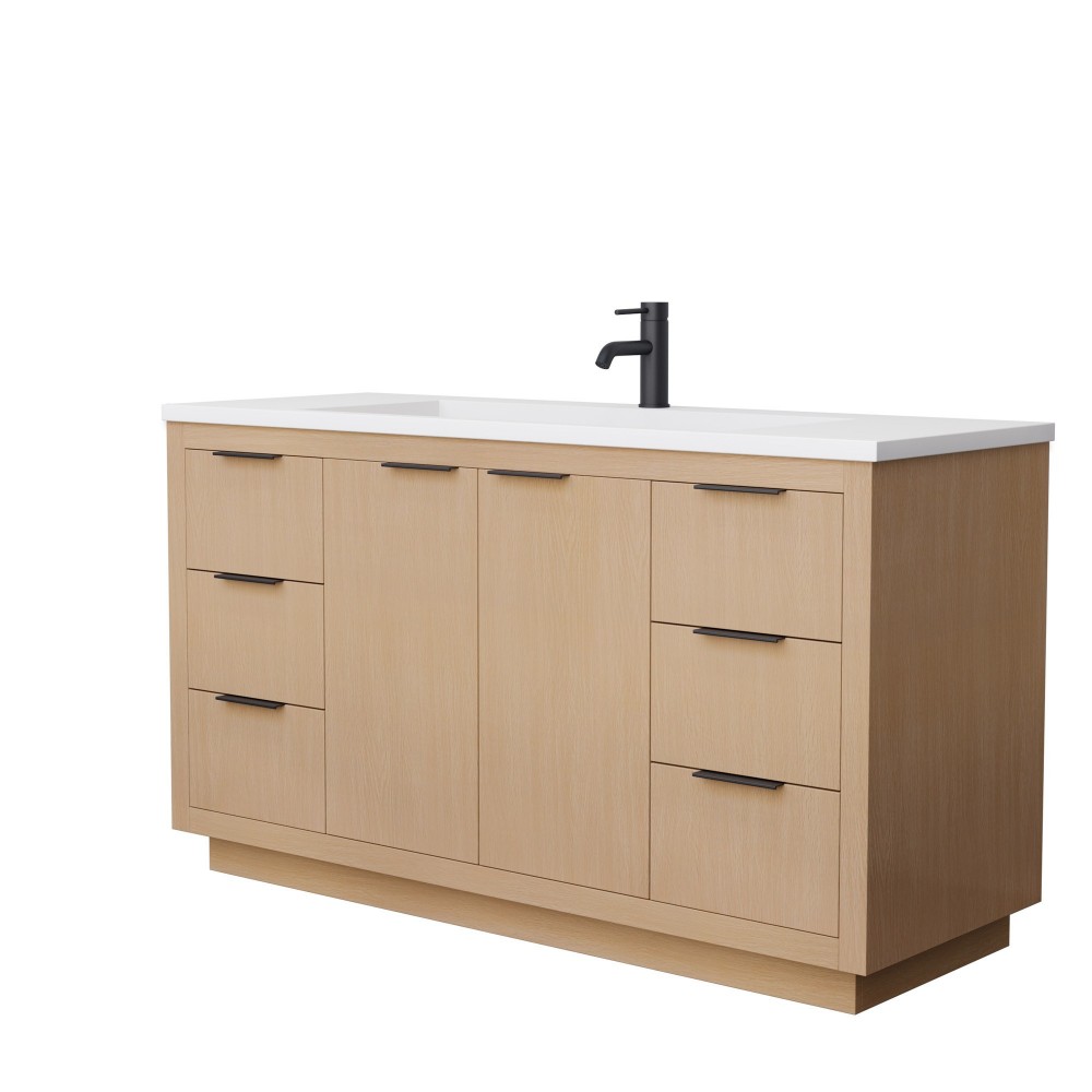 60 Inch Single Bathroom Vanity in Light Straw, 1.25 Inch Thick White Solid Surface Countertop, Sink, Black Trim