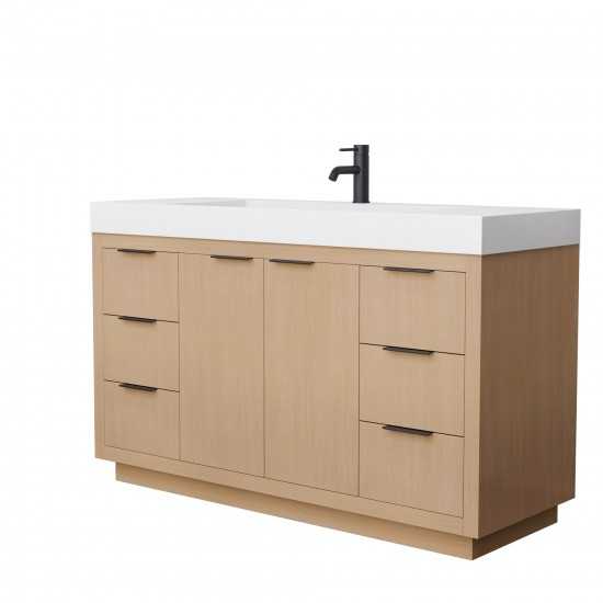 60 Inch Single Bathroom Vanity in Light Straw, 4 Inch Thick White Solid Surface Countertop, Sink, Black Trim