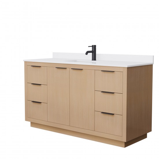 60 Inch Single Bathroom Vanity in Light Straw, White Cultured Marble Countertop, Sink, Black Trim