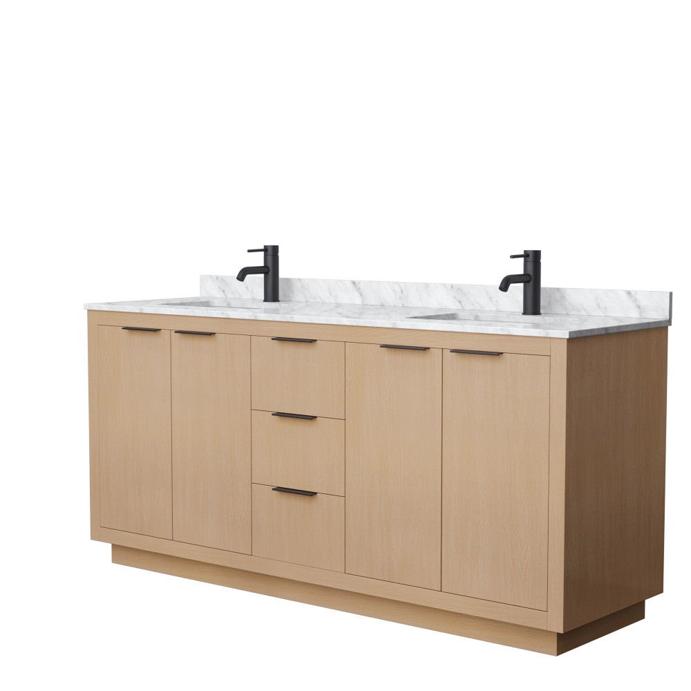 72 Inch Double Bathroom Vanity in Light Straw, White Carrara Marble Countertop, Sinks, Black Trim