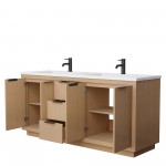 72 Inch Double Bathroom Vanity in Light Straw, 1.25 Inch Thick White Solid Surface Countertop, Sinks, Black Trim