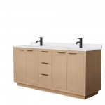 72 Inch Double Bathroom Vanity in Light Straw, White Cultured Marble Countertop, Sinks, Black Trim