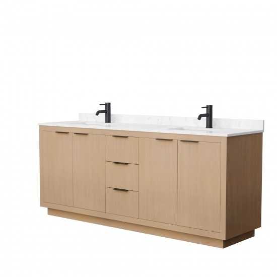 80 Inch Double Bathroom Vanity in Light Straw, Light-Vein Carrara Cultured Marble Countertop, Sinks, Black Trim