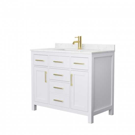 42 Inch Single Bathroom Vanity in White, Carrara Cultured Marble Countertop, Sink, Gold Trim