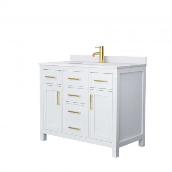 42 Inch Single Bathroom Vanity in White, White Cultured Marble Countertop, Sink, Gold Trim