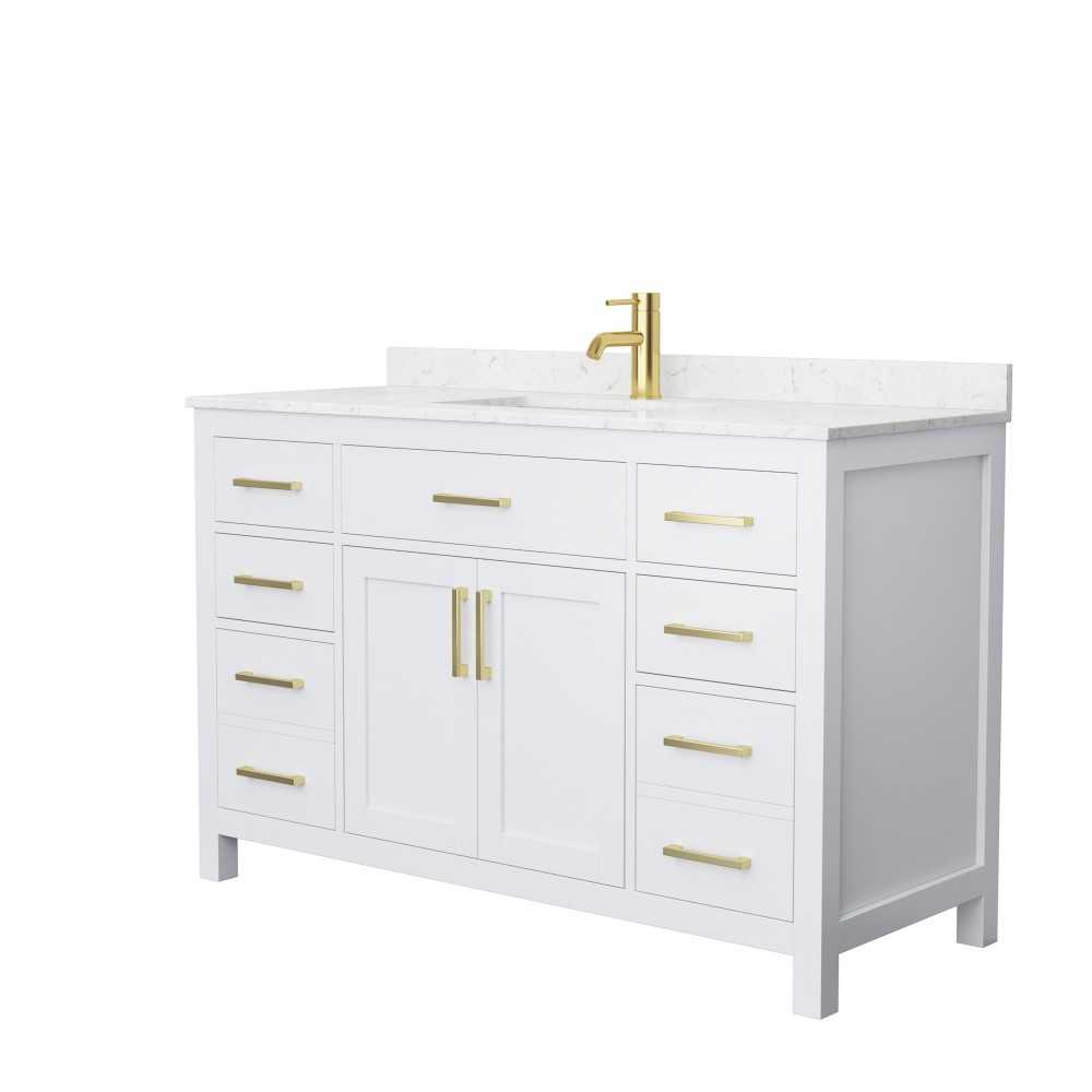 54 Inch Single Bathroom Vanity in White, Carrara Cultured Marble Countertop, Sink, Gold Trim