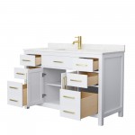 54 Inch Single Bathroom Vanity in White, Carrara Cultured Marble Countertop, Sink, Gold Trim