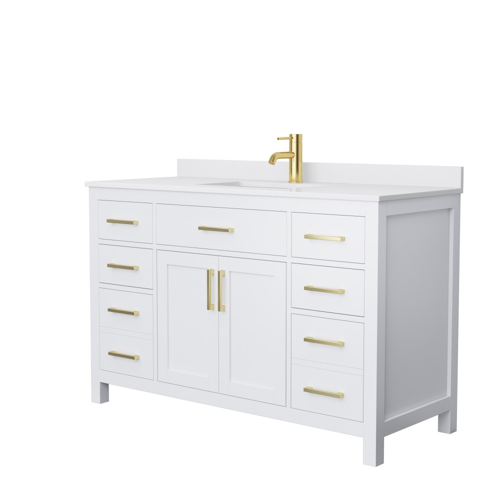 54 Inch Single Bathroom Vanity in White, White Cultured Marble Countertop, Sink, Gold Trim