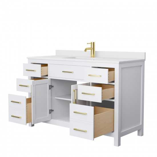 54 Inch Single Bathroom Vanity in White, White Cultured Marble Countertop, Sink, Gold Trim