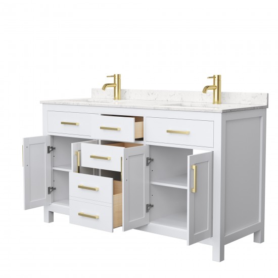 60 Inch Double Bathroom Vanity in White, Carrara Cultured Marble Countertop, Sinks, Gold Trim