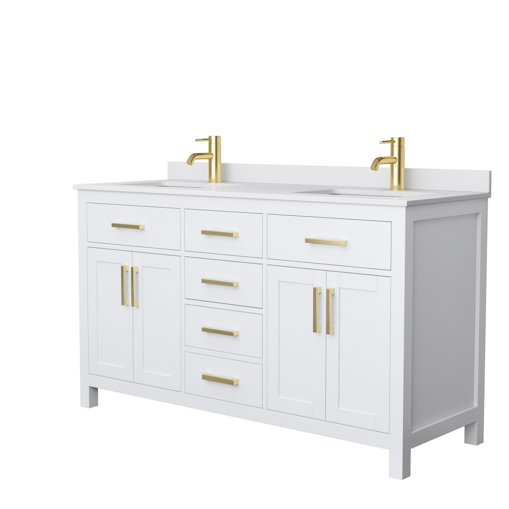 60 Inch Double Bathroom Vanity in White, White Cultured Marble Countertop, Sinks, Gold Trim