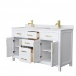 60 Inch Double Bathroom Vanity in White, White Cultured Marble Countertop, Sinks, Gold Trim