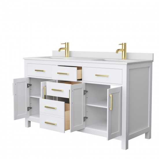 60 Inch Double Bathroom Vanity in White, White Cultured Marble Countertop, Sinks, Gold Trim