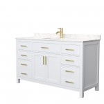 60 Inch Single Bathroom Vanity in White, Carrara Cultured Marble Countertop, Sink, Gold Trim