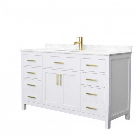 60 Inch Single Bathroom Vanity in White, Carrara Cultured Marble Countertop, Sink, Gold Trim