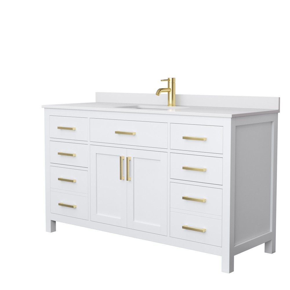 60 Inch Single Bathroom Vanity in White, White Cultured Marble Countertop, Sink, Gold Trim