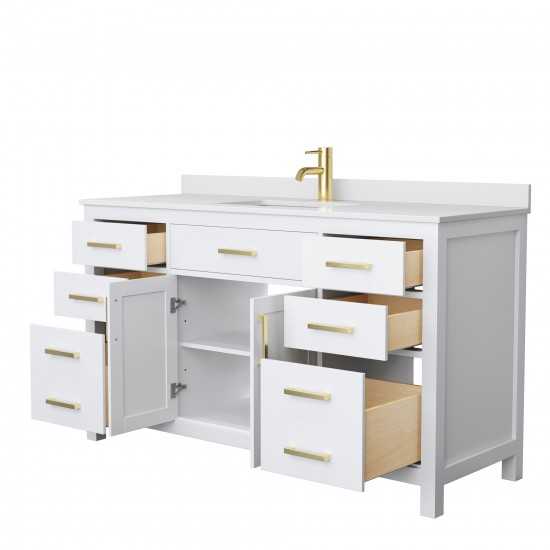 60 Inch Single Bathroom Vanity in White, White Cultured Marble Countertop, Sink, Gold Trim