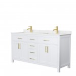 66 Inch Double Bathroom Vanity in White, Carrara Cultured Marble Countertop, Sinks, Gold Trim