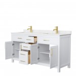 66 Inch Double Bathroom Vanity in White, Carrara Cultured Marble Countertop, Sinks, Gold Trim