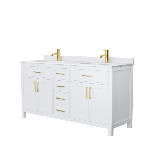 66 Inch Double Bathroom Vanity in White, White Cultured Marble Countertop, Sinks, Gold Trim