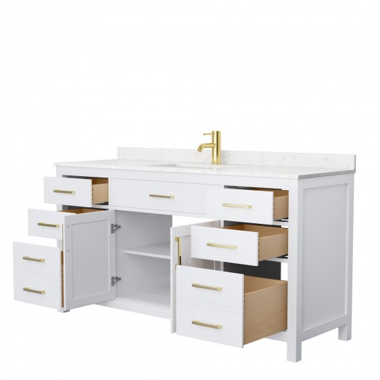 66 Inch Single Bathroom Vanity in White, Carrara Cultured Marble Countertop, Sink, Gold Trim