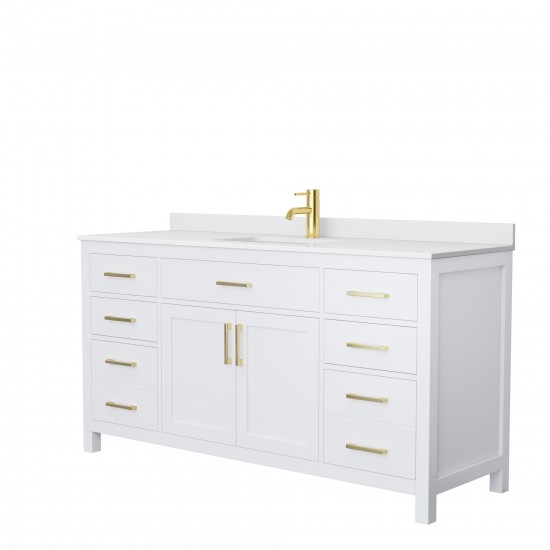 66 Inch Single Bathroom Vanity in White, White Cultured Marble Countertop, Sink, Gold Trim