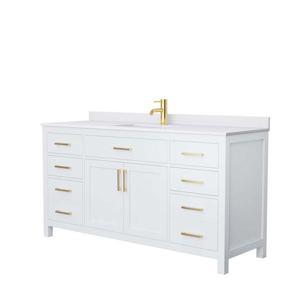 66 Inch Single Bathroom Vanity in White, White Cultured Marble Countertop, Sink, Gold Trim