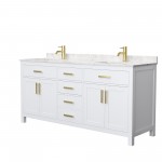 72 Inch Double Bathroom Vanity in White, Carrara Cultured Marble Countertop, Sinks, Gold Trim