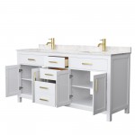 72 Inch Double Bathroom Vanity in White, Carrara Cultured Marble Countertop, Sinks, Gold Trim