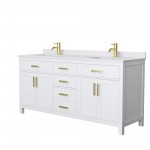 72 Inch Double Bathroom Vanity in White, White Cultured Marble Countertop, Sinks, Gold Trim