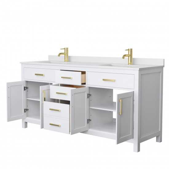 72 Inch Double Bathroom Vanity in White, White Cultured Marble Countertop, Sinks, Gold Trim